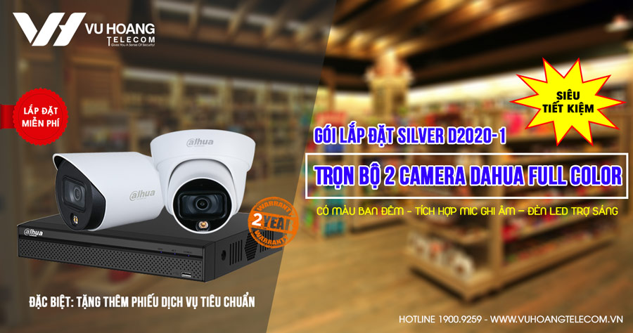 Lắp đặt trọn bộ 2 camera Dahua 2MP Full Color (SILVER D2020-1)