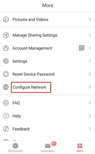 cấu hình mạng của Wi-Fi camera trên trang More