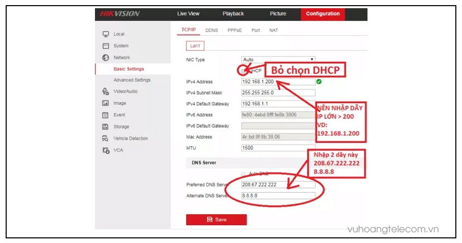 Đặt địa chỉ IP tĩnh (Static IP) và cấu hình DNS Server chuẩn trên đầu ghi