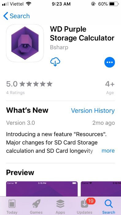 Ứng dụng WD Purple Storage Calculator trên iOS và Android