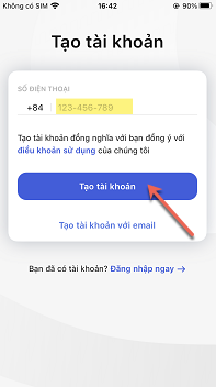 Tạo tài khoản, nhập số điện thoại
