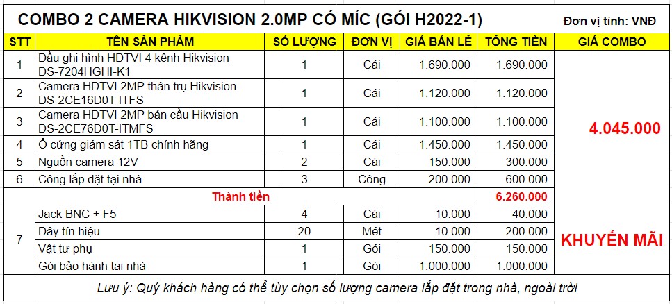 COMBO 2 CAMERA HIKVISION 2.0MP CÓ MÍC (GÓI H2022-1)