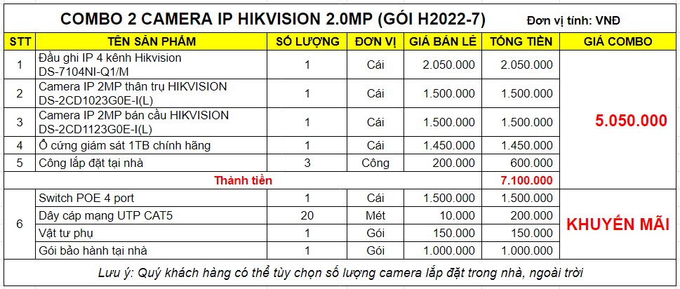 COMBO 2 CAMERA IP HIKVISION 2.0MP (GÓI H2022-7)