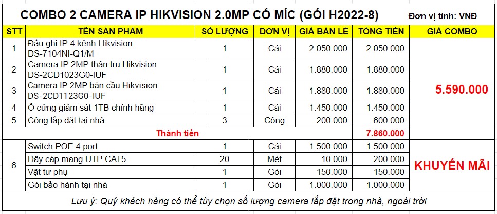 COMBO 2 CAMERA IP HIKVISION 2.0MP CÓ MÍC (GÓI H2022-8)
