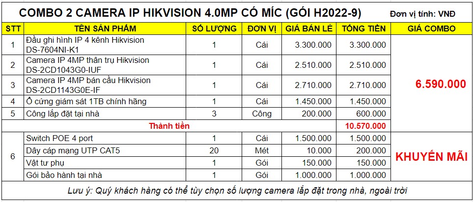 COMBO 2 CAMERA IP HIKVISION 4.0MP CÓ MÍC (GÓI H2022-9)