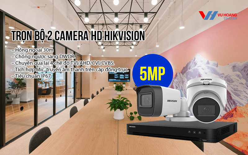 Lắp đặt trọn bộ 2 camera HIKVISION 5MP có míc gói H2022-6 giá rẻ