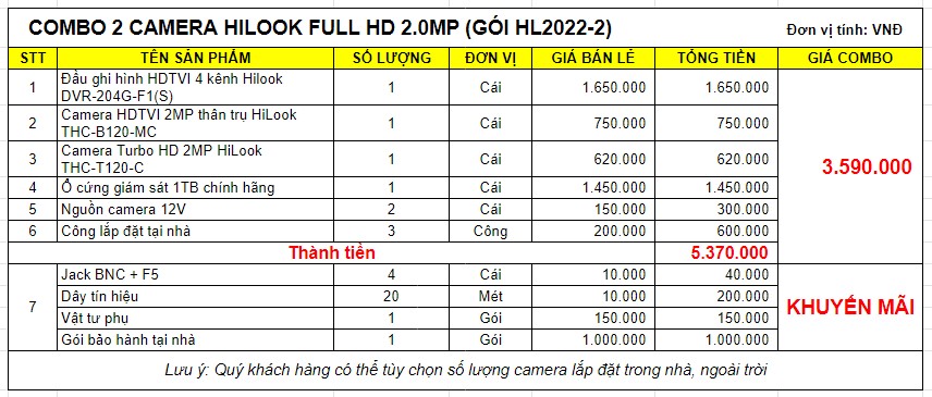 COMBO 2 CAMERA HILOOK FULL HD 2.0MP (GÓI HL2022-2)