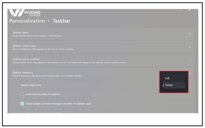 chon vi tri taskbar win 11
