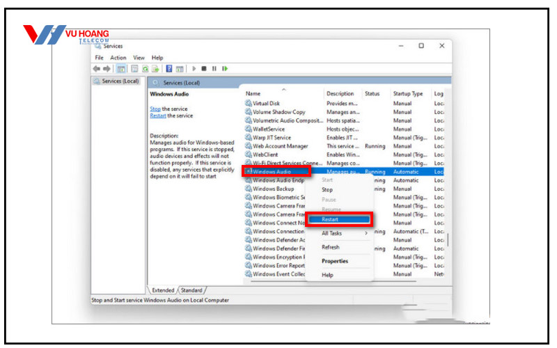 khoi dong Service Audio sua loi am thanh win 11