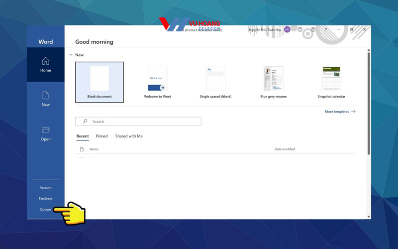 khoi dong word chon option