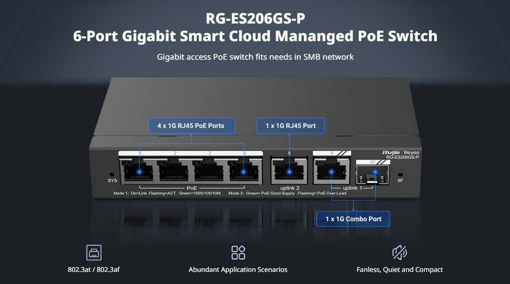 Bán Smart Managed PoE Switch 6 Cổng RUIJIE RG-ES206GS-P giá rẻ