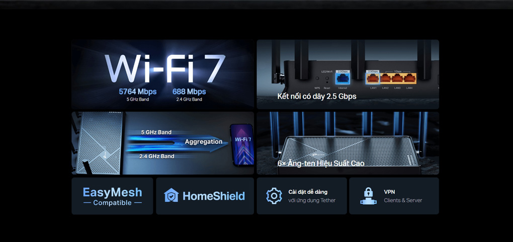 Router WiFi 7 TP-LINK Archer BE400 Tốc Độ Vượt Trội, Siêu Mượt