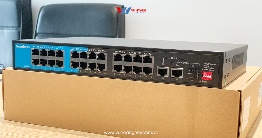 SCODENO S200-26GTCP-GC-ACR: Switch PoE 24 Cổng Giá Rẻ