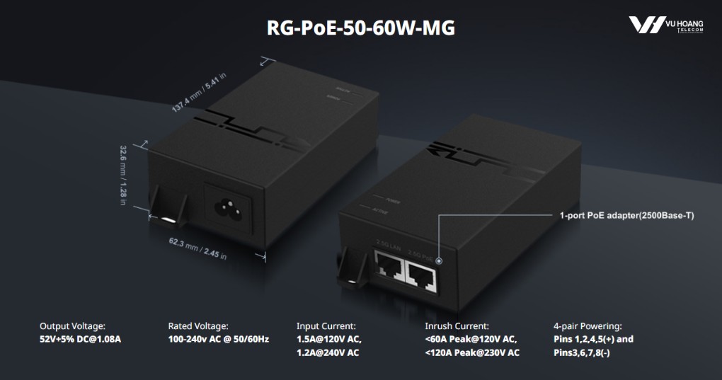 Nguồn POE Reyee RG-POE-50-60W-MG | 2500Base-T 56V