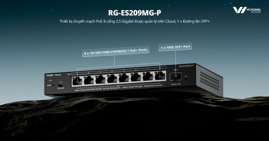 Switch PoE 2.5G Reyee RG-ES209MG-P - 8 Cổng, 10G SFP+
