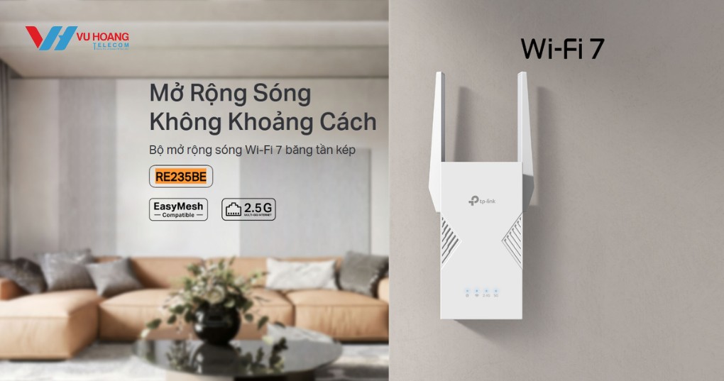 Bộ mở rộng sóng WiFi TP-Link RE235BE Wi-Fi 7 BE3600, MLO, 4K-QAM, cổng 2.5Gbps