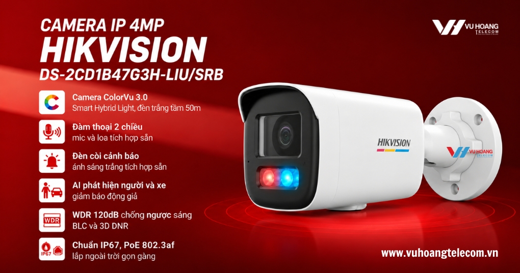 Camera HIKVISION DS-2CD1B47G3H-LIU/SRB - Thân Trụ 4MP