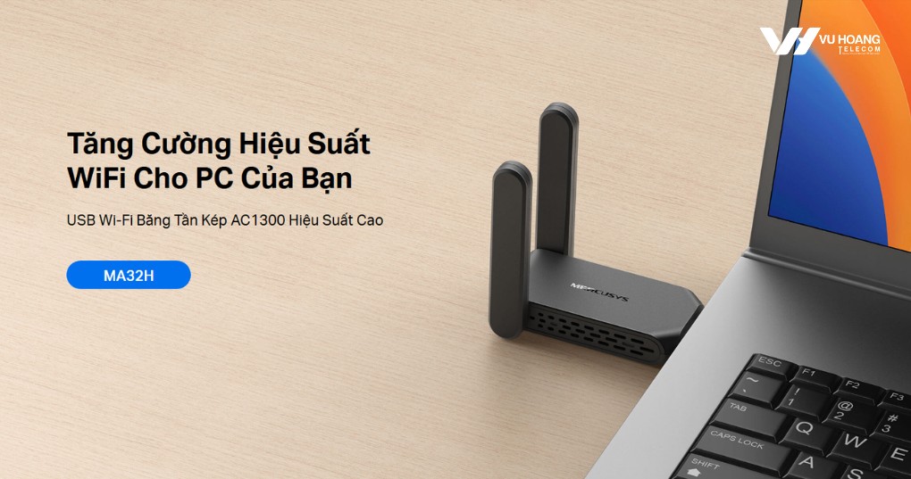 USB Wifi Mercusys MA32H AC1300, 2 ăng-ten High-Gain, USB 3.0, MU-MIMO, WPA3, cắm là chạy
