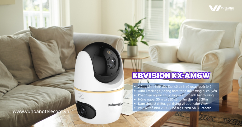 Camera KBVISION KX-AM6W 6MP, 2 ống kính quay quét 349°, Auto Tracking, đàm thoại 2 chiều, WiFi 6, thẻ nhớ 256GB