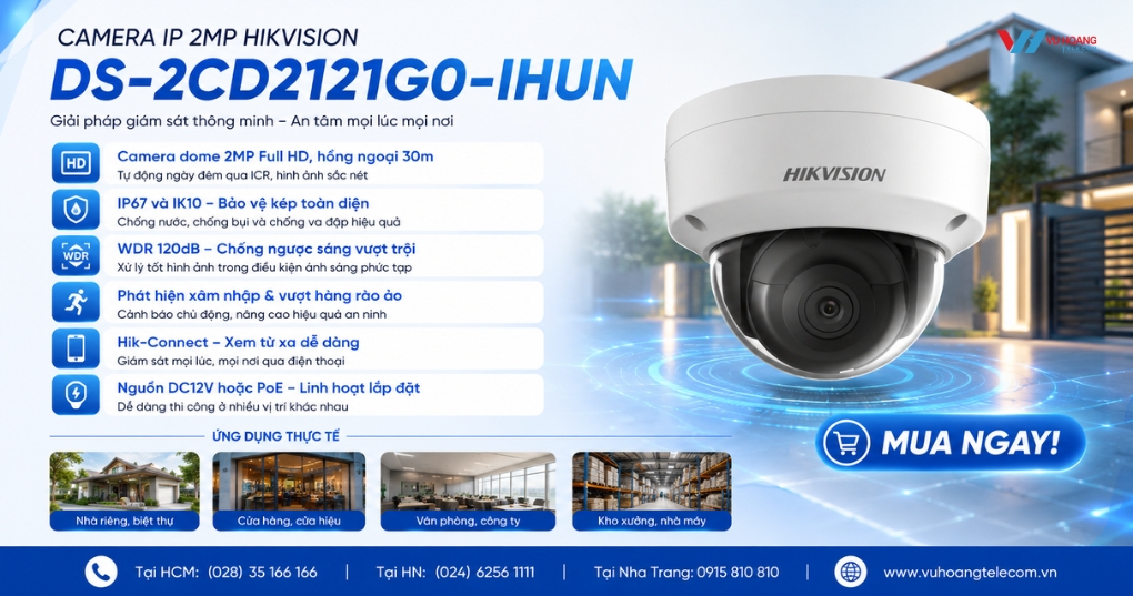 Camera HIKVISION DS-2CD2121G0-IHUN - Dome 2MP IP67