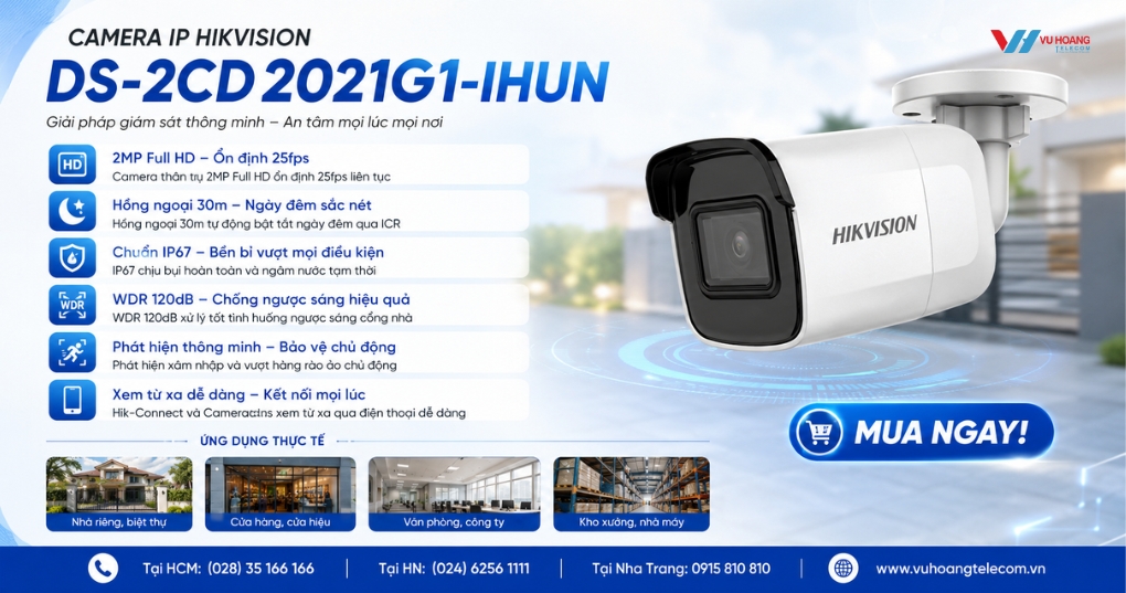 Camera HIKVISION DS-2CD2021G1-IHUN - Thân Trụ 2MP giá tốt