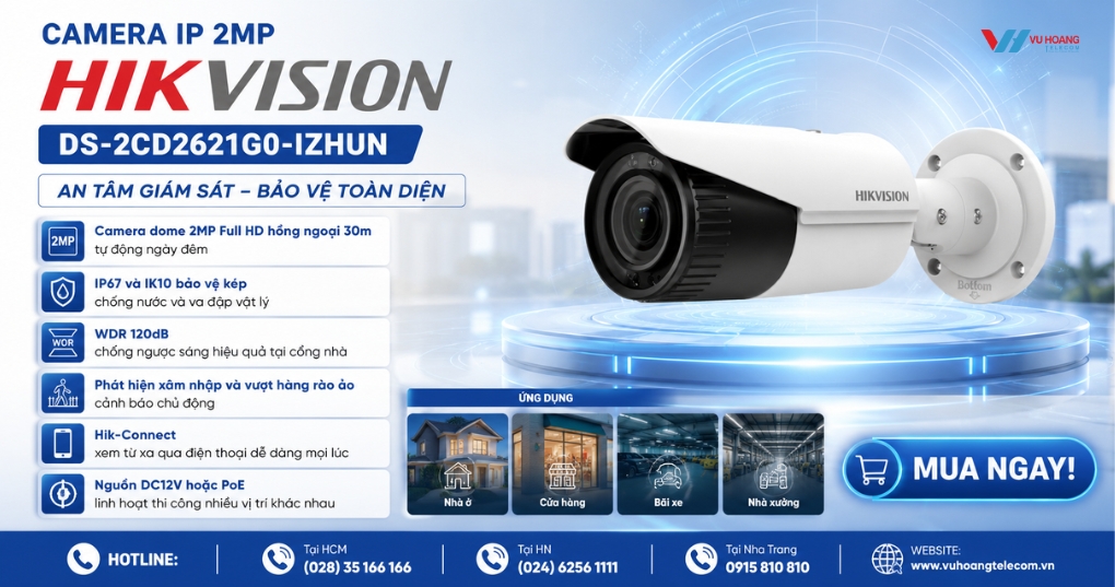 Camera HIKVISION DS-2CD2621G0-IZHUN - Thân Trụ 2MP giá tốt