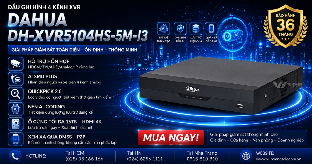 Đầu Ghi DAHUA DH-XVR5104HS-5M-I3 AI 4 Kênh Chính Hãng
