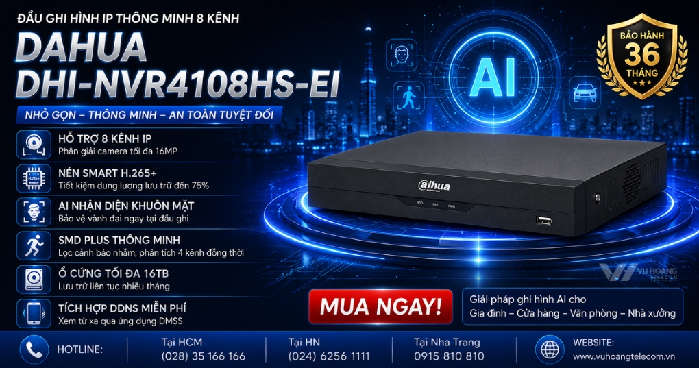 Đầu Ghi DAHUA DHI-NVR4108HS-EI - AI 8 Kênh Chính Hãng